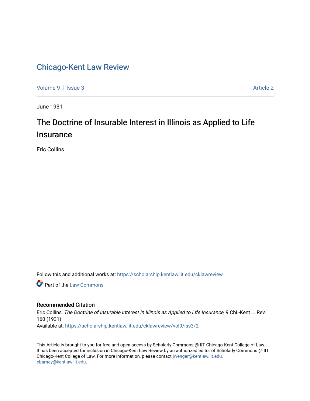 The Doctrine of Insurable Interest in Illinois As Applied to Life Insurance