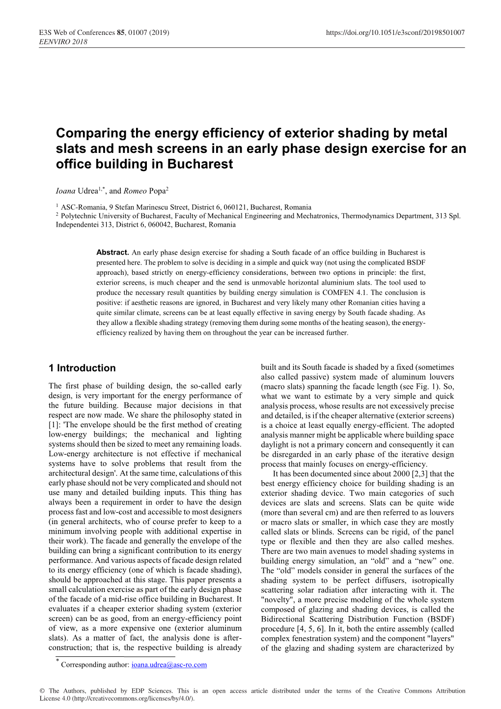 Comparing the Energy Efficiency of Exterior Shading by Metal Slats and Mesh Screens in an Early Phase Design Exercise for an Office Building in Bucharest