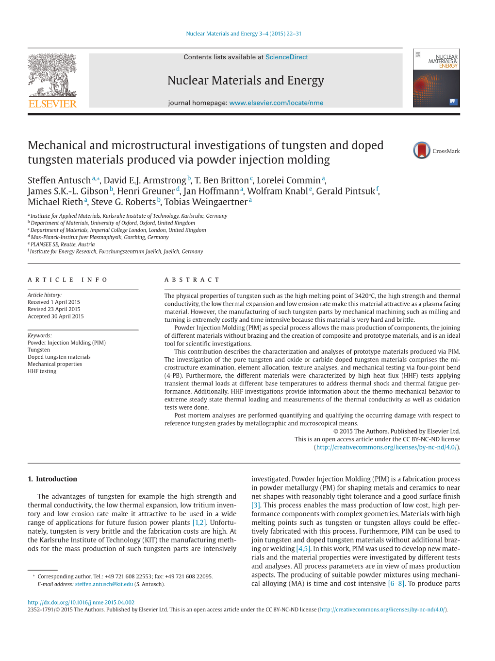 Mechanical and Microstructural Investigations of Tungsten and Doped Tungsten Materials Produced Via Powder Injection Molding