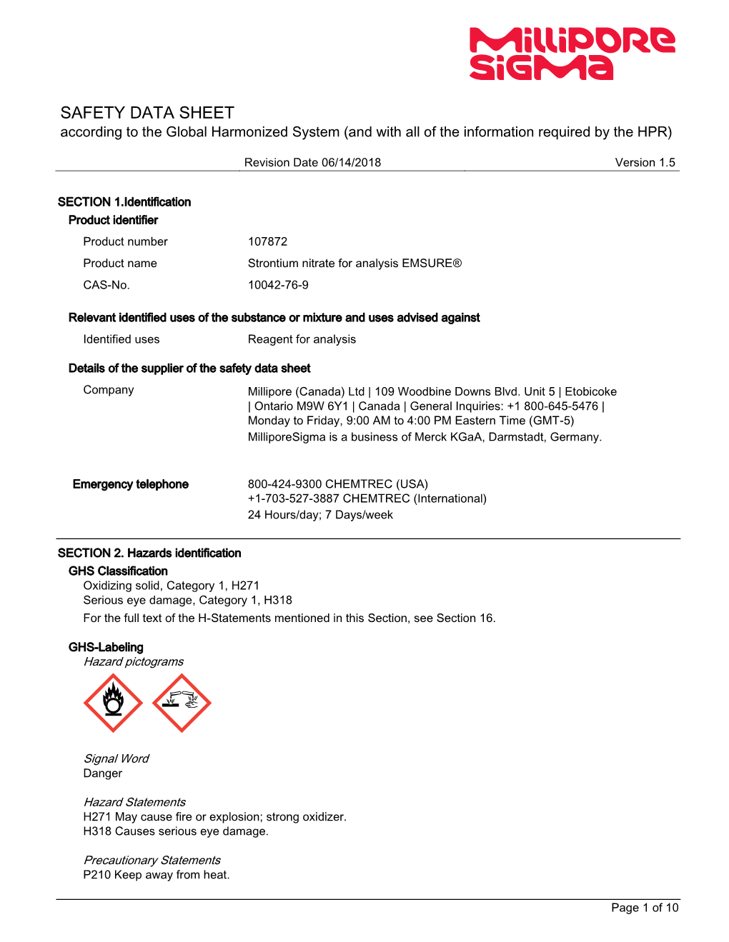 SECTION 1.Identification Product Identifier Product Number 107872 Product Name Strontium Nitrate for Analysis EMSURE® CAS-No