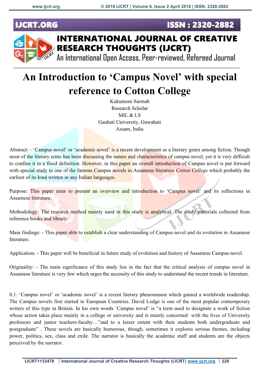 An Introduction to 'Campus Novel' with Special Reference to Cotton College