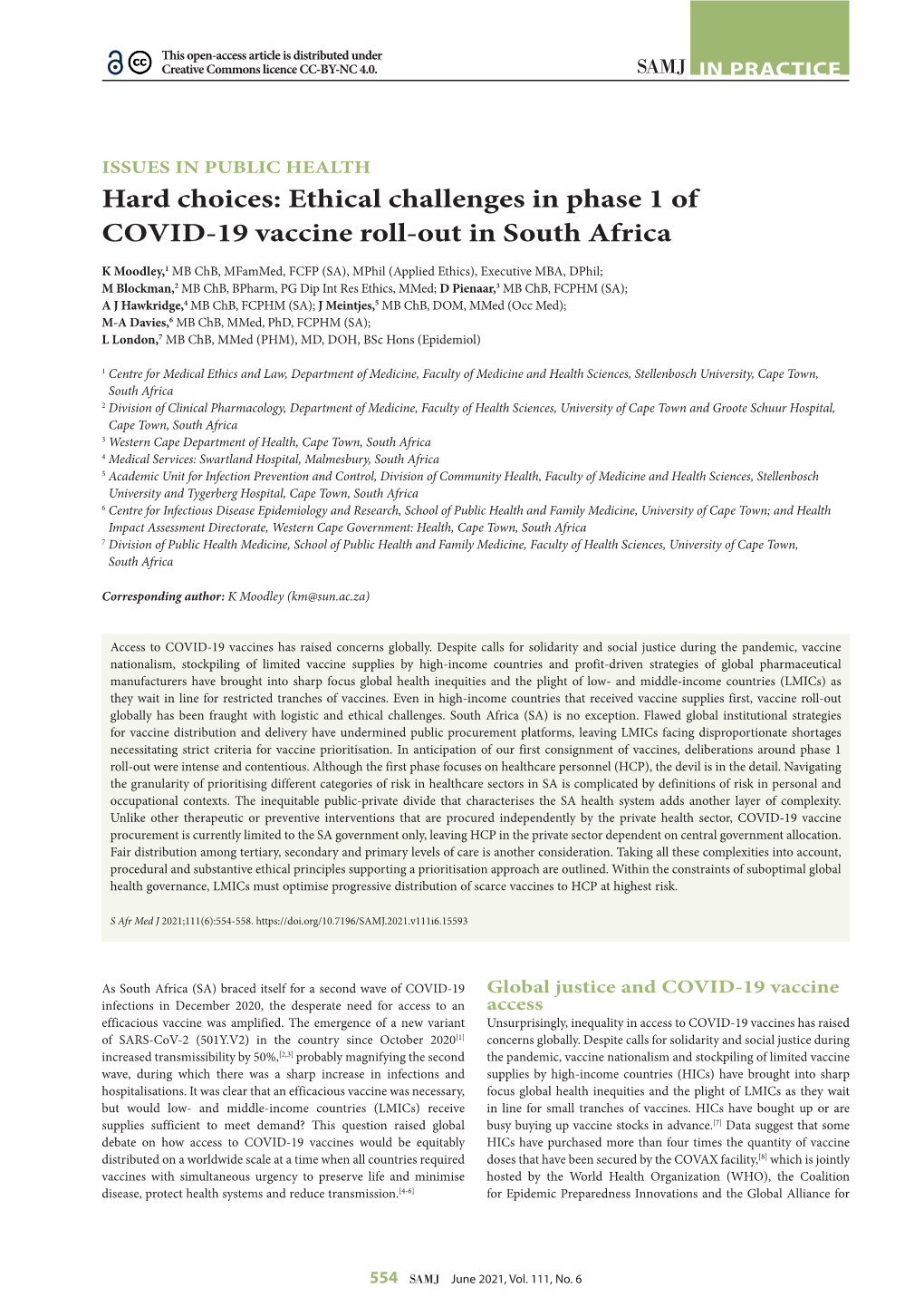 Hard Choices: Ethical Challenges in Phase 1 of COVID-19 Vaccine Roll-Out in South Africa