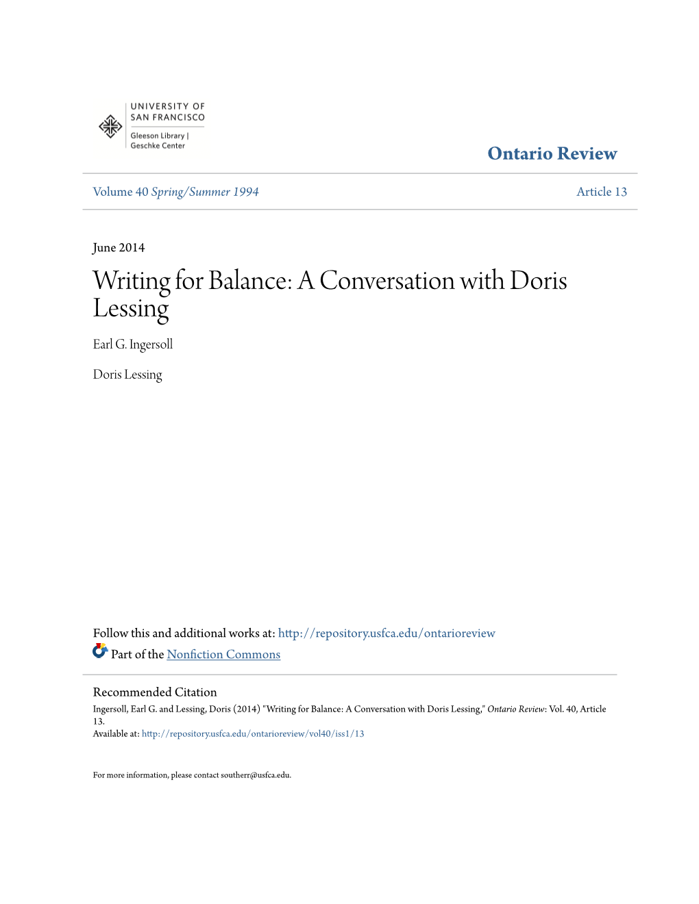 Writing for Balance: a Conversation with Doris Lessing Earl G