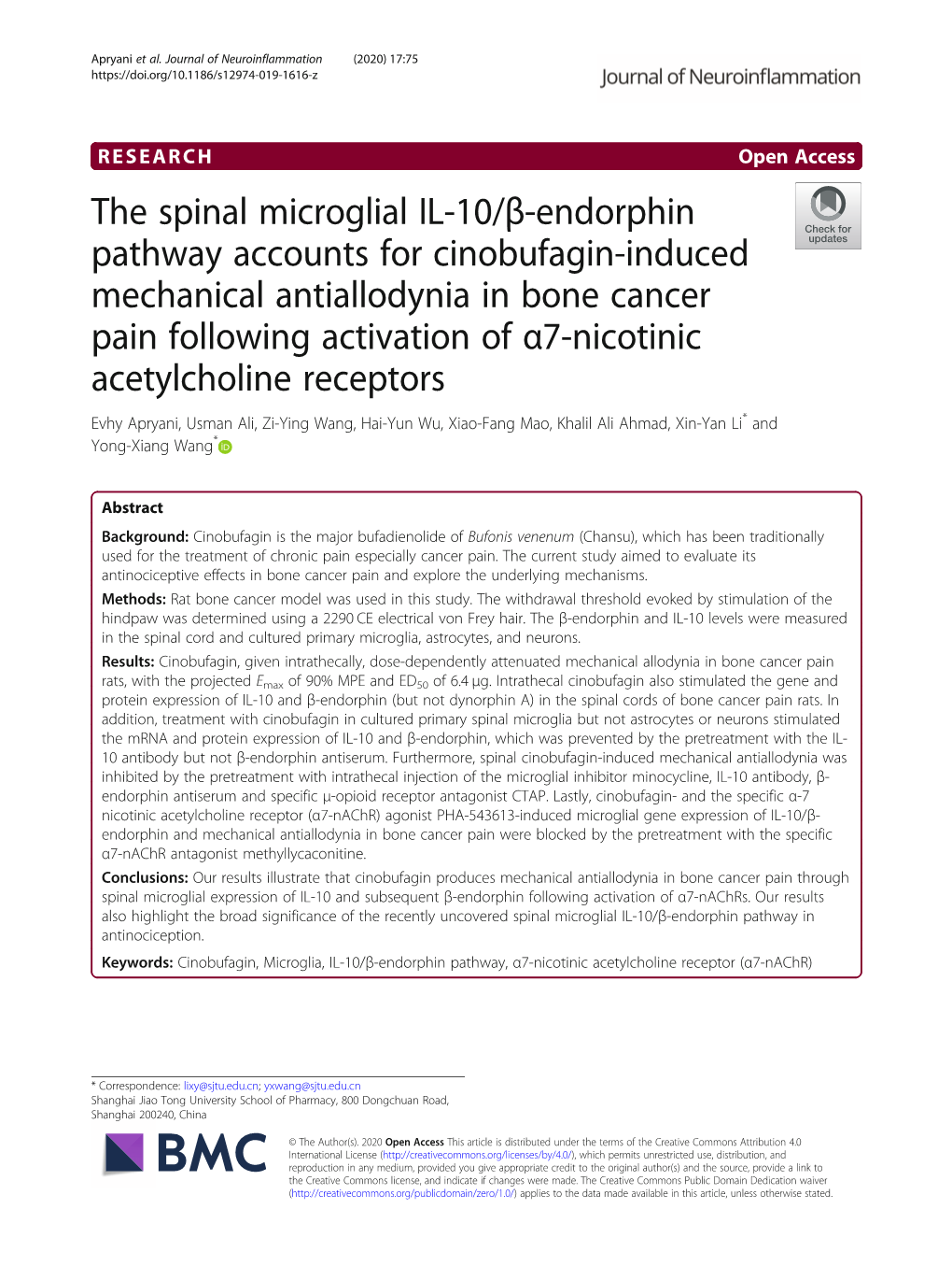 The Spinal Microglial IL-10/Β-Endorphin Pathway Accounts for Cinobufagin-Induced Mechanical Antiallodynia in Bone Cancer Pain F