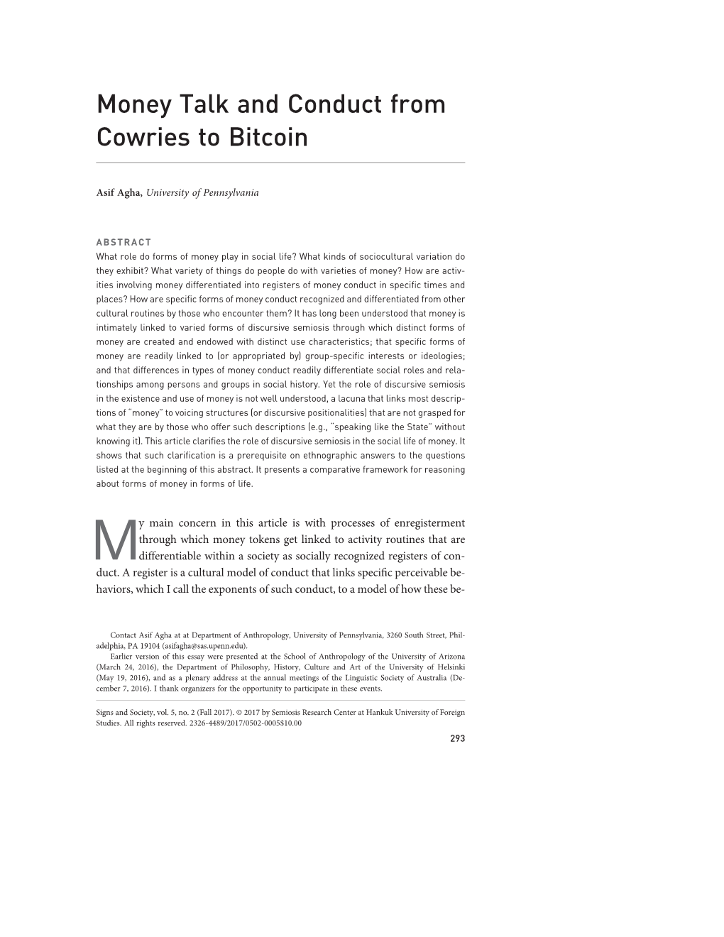 Money Talk and Conduct from Cowries to Bitcoin