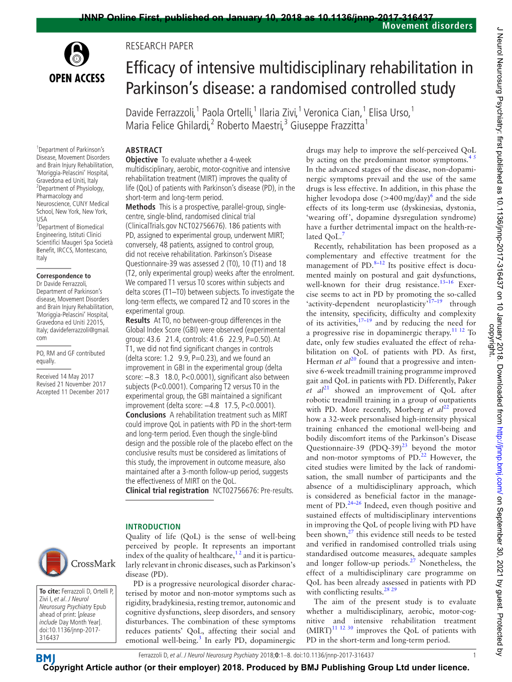 Efficacy of Intensive Multidisciplinary Rehabilitation in Parkinson's Disease