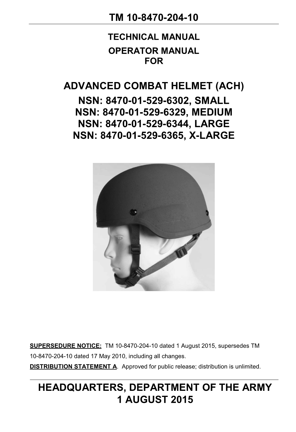 Tm 10-8470-204-10 Advanced Combat Helmet (Ach
