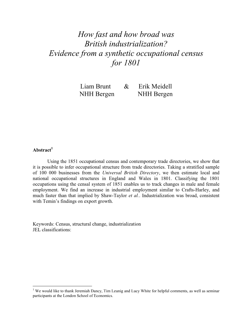 Evidence from a Synthetic Occupational Census for 1801