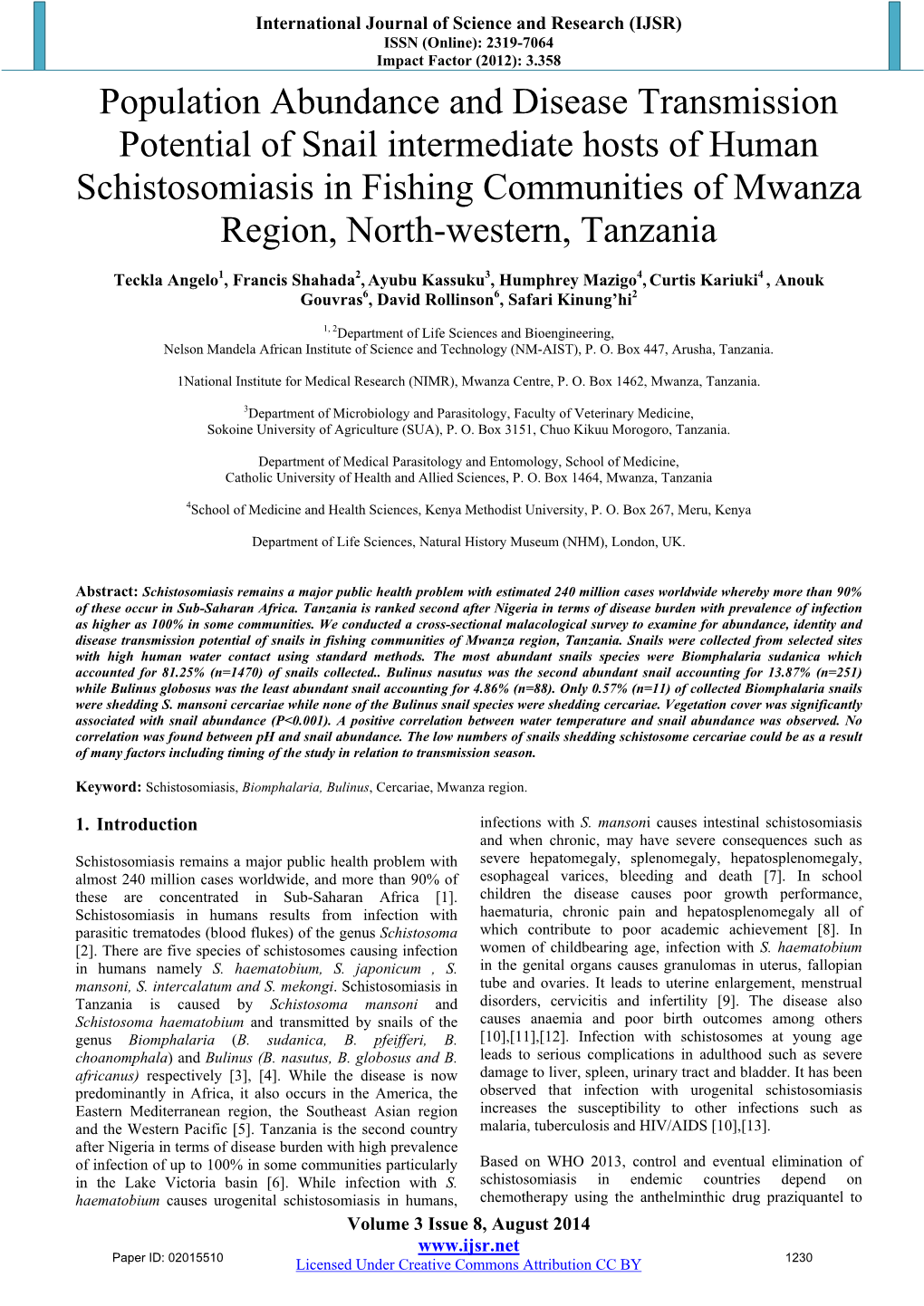 Population Abundance and Disease Transmission Potential of Snail