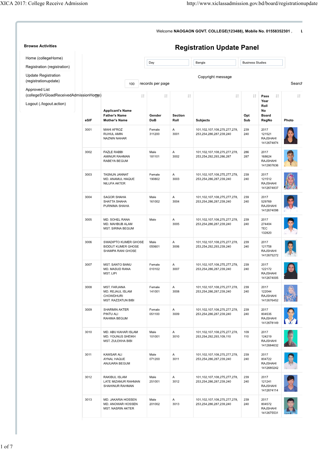 Registration Update Panel