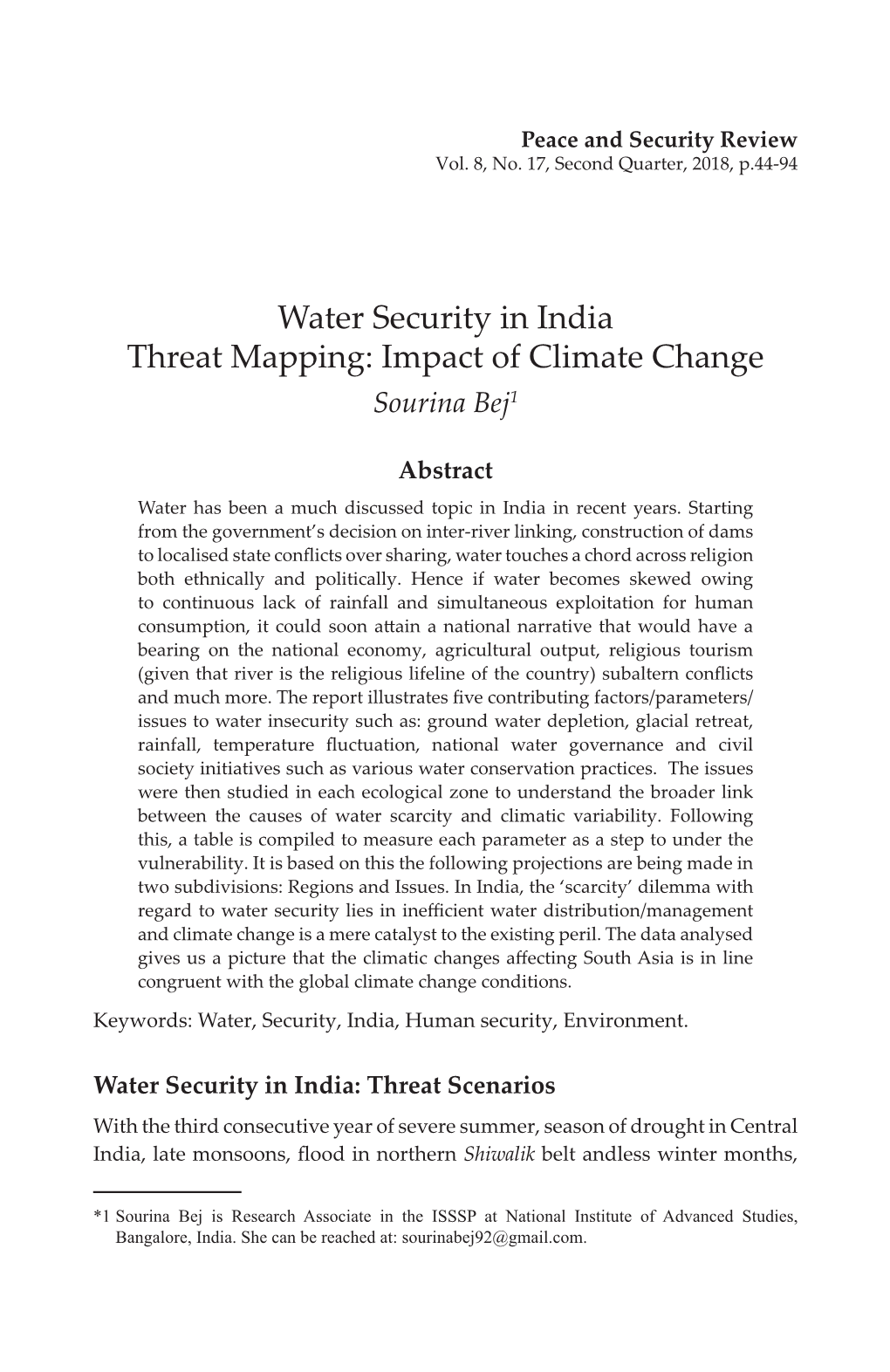 Water Security in India Threat Mapping: Impact of Climate Change Sourina Bej1