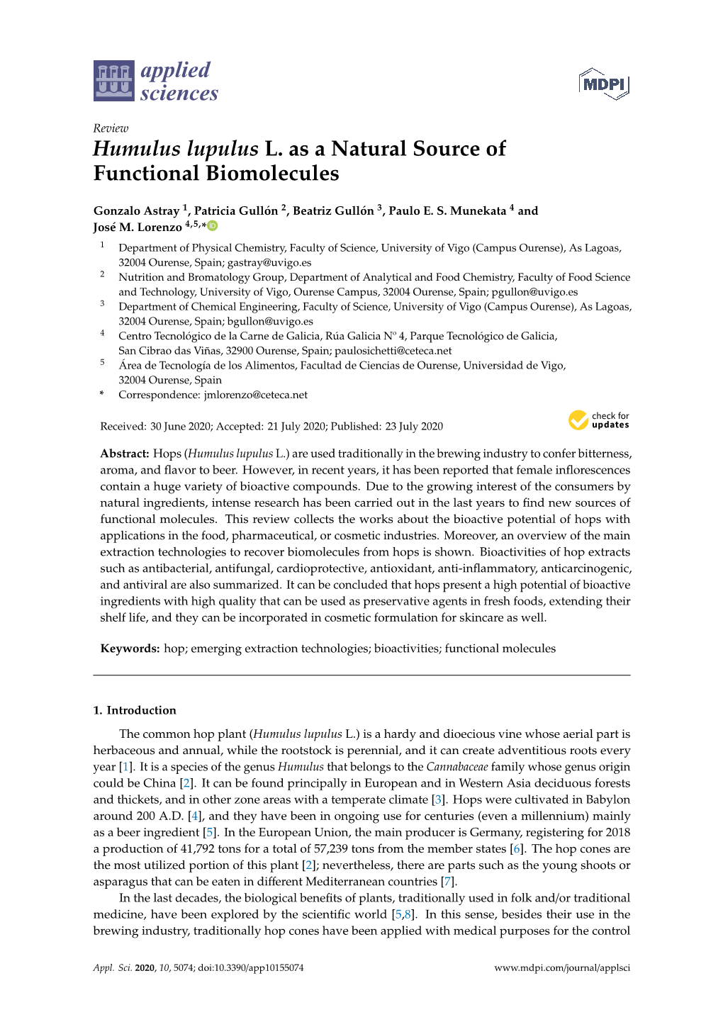 Humulus Lupulus L. As a Natural Source of Functional Biomolecules