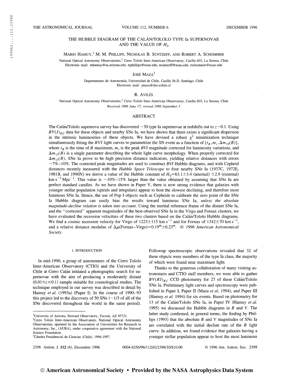 1996AJ 112.2398H the ASTRONOMICAL JOURNAL VOLUME 112, NUMBER 6 DECEMBER 1996 the HUBBLE DIAGRAM of the CALÁN/TOLOLO TYPE La