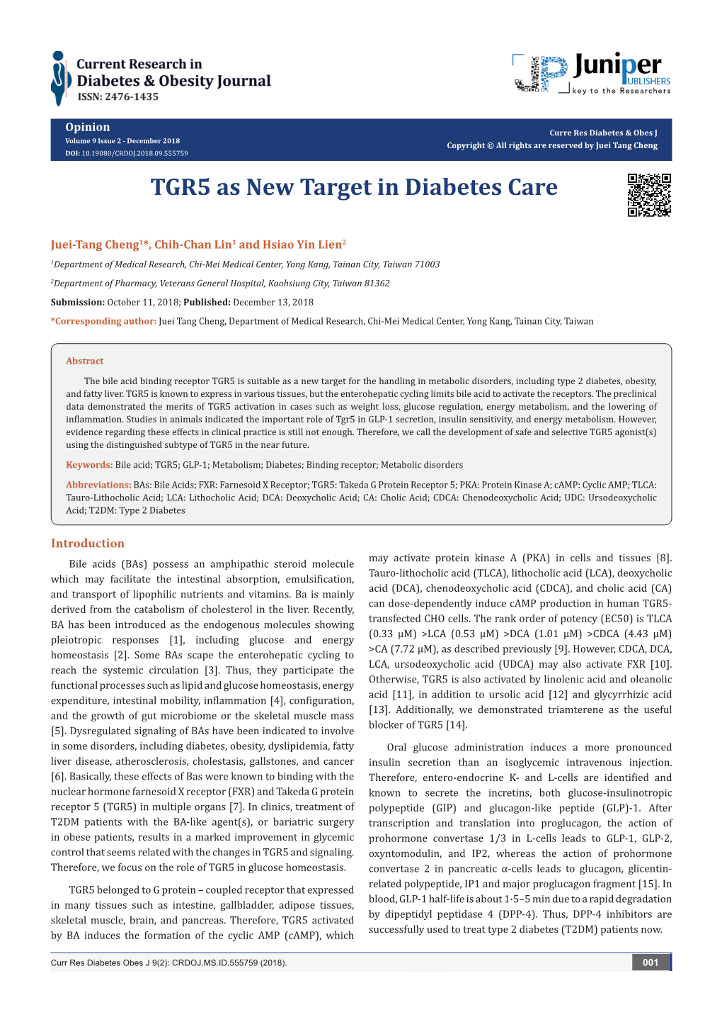 TGR5 As New Target in Diabetes Care