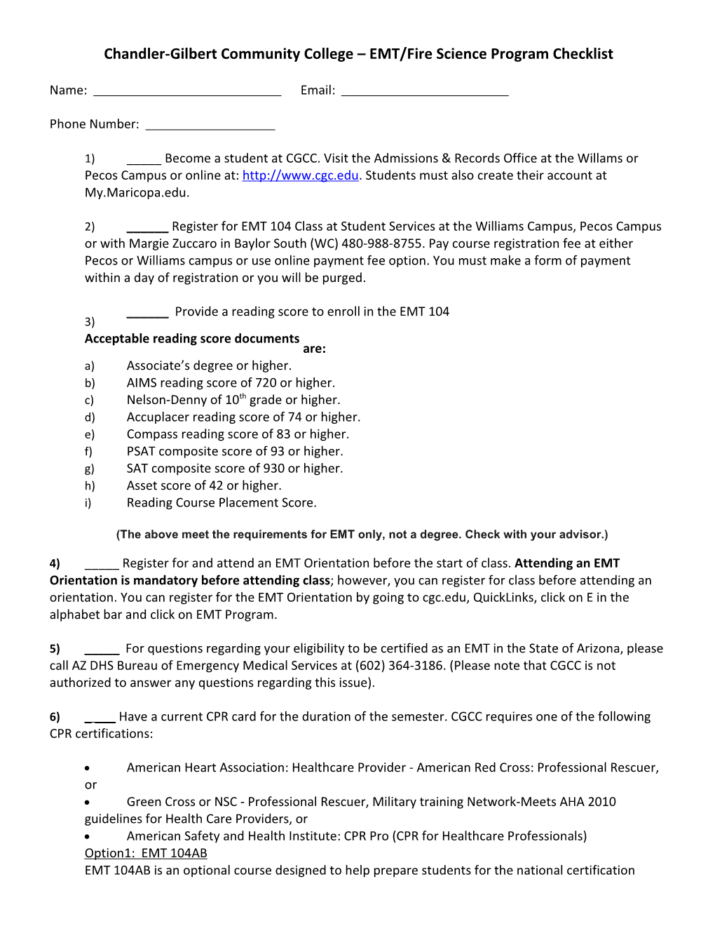 Chandler-Gilbert Community College EMT/Fire Science Program Checklist