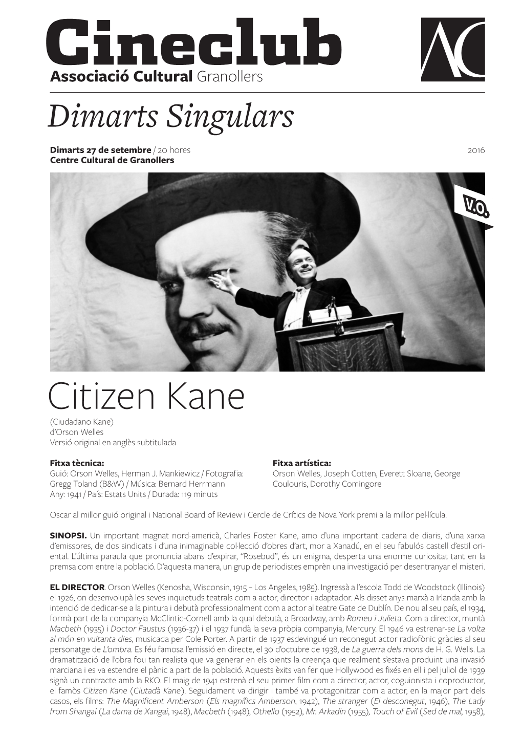 Citizen Kane (Ciudadano Kane) D’Orson Welles Versió Original En Anglès Subtitulada