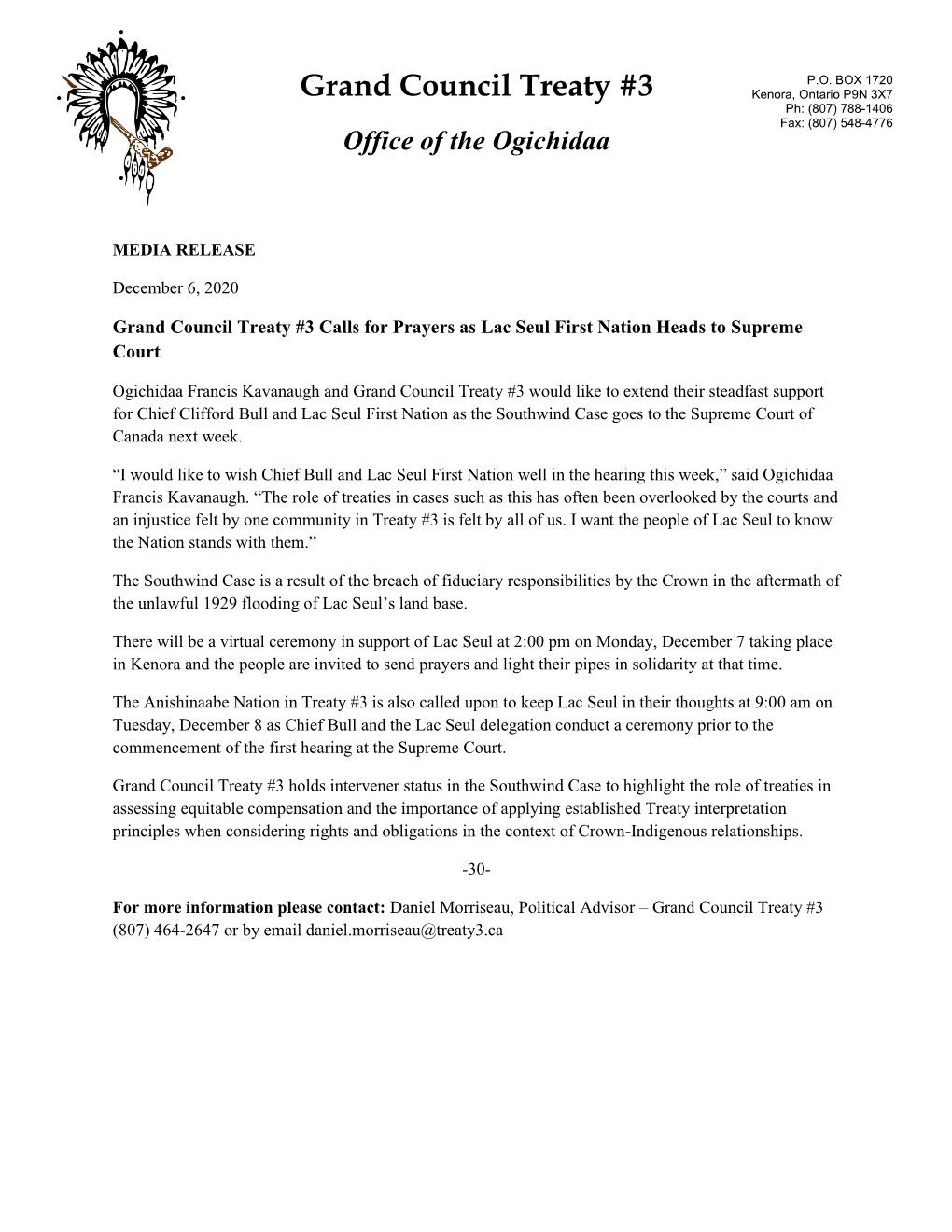 Grand Council Treaty #3 Calls for Prayers As Lac Seul First Nation Heads to Supreme Court