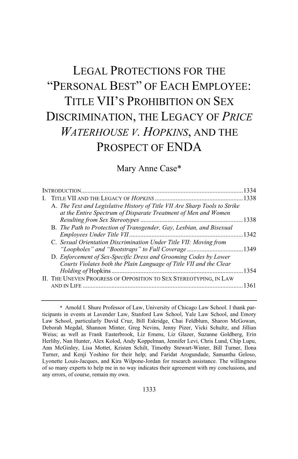 Legal Protections for the “Personal Best” of Each Employee: Title Vii's Prohibition on Sex Discrimination, the Legacy of P