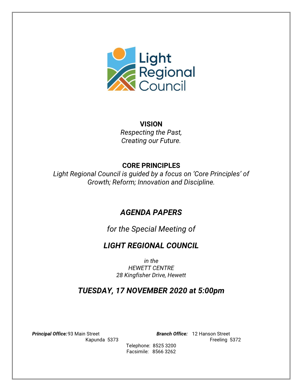 AGENDA PAPERS for the Special Meeting of LIGHT REGIONAL COUNCIL TUESDAY, 17 NOVEMBER 2020 at 5:00Pm