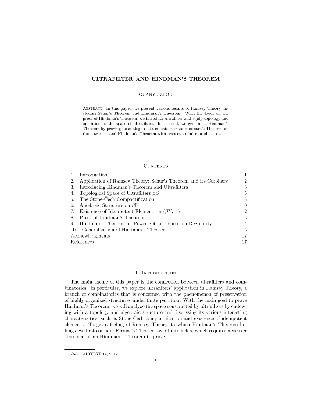 Ultrafilter and Hindman's Theorem