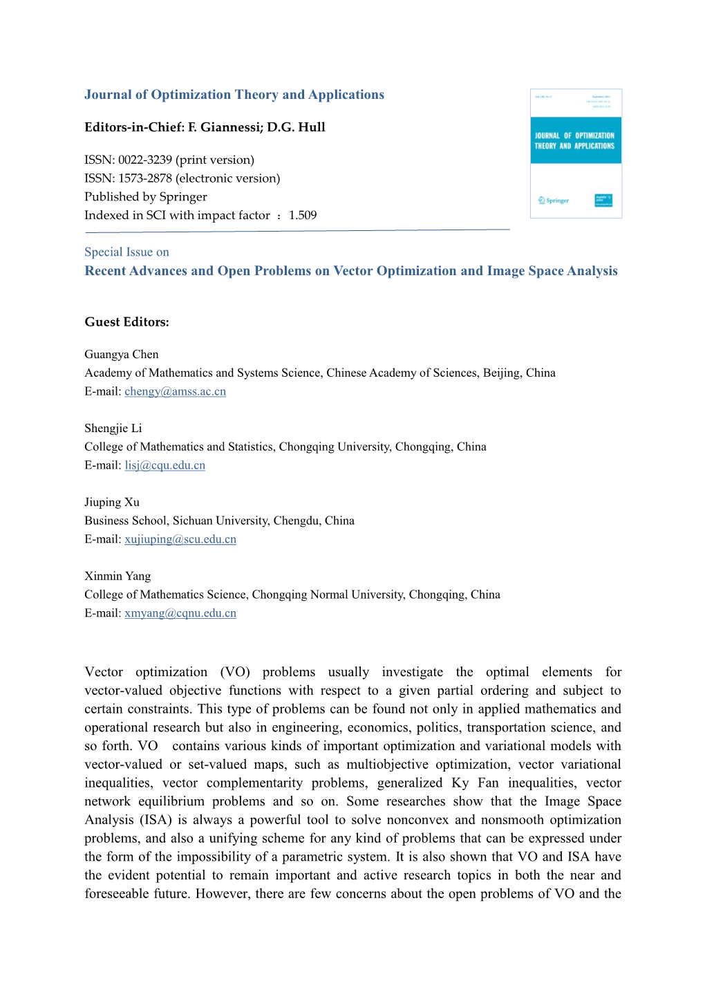 Journal of Optimization Theory and Applications Recent Advances and Open Problems on Vector Optimization and Image Space Analysi