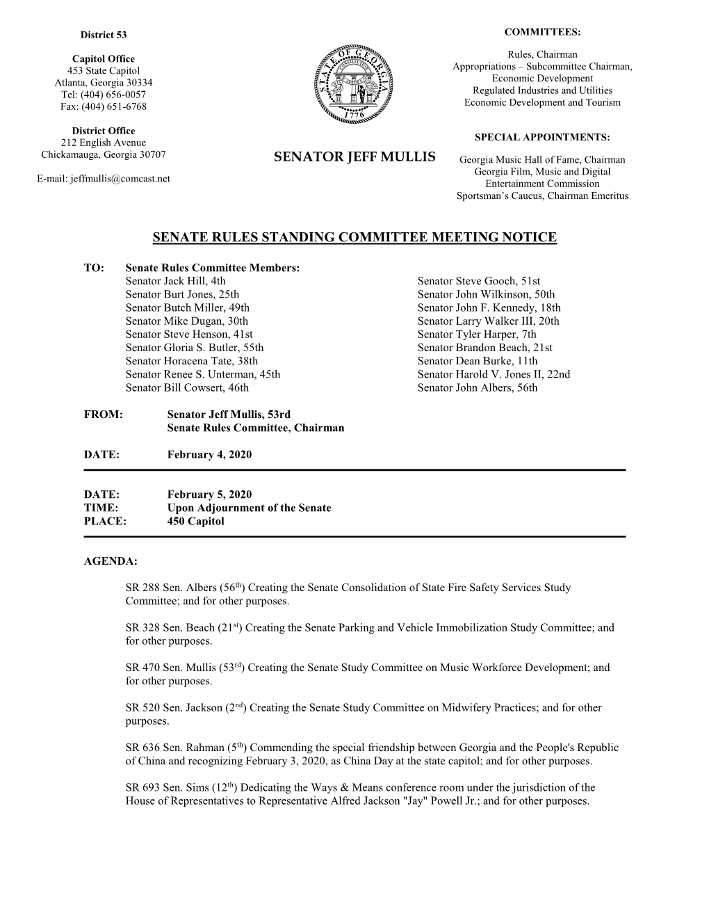 Senator Jeff Mullis Senate Rules Standing Committee