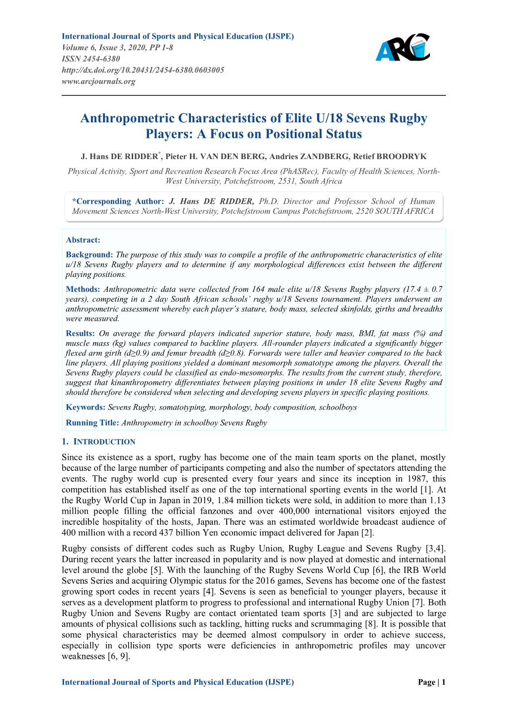 Anthropometric Characteristics of Elite U/18 Sevens Rugby Players: a Focus on Positional Status