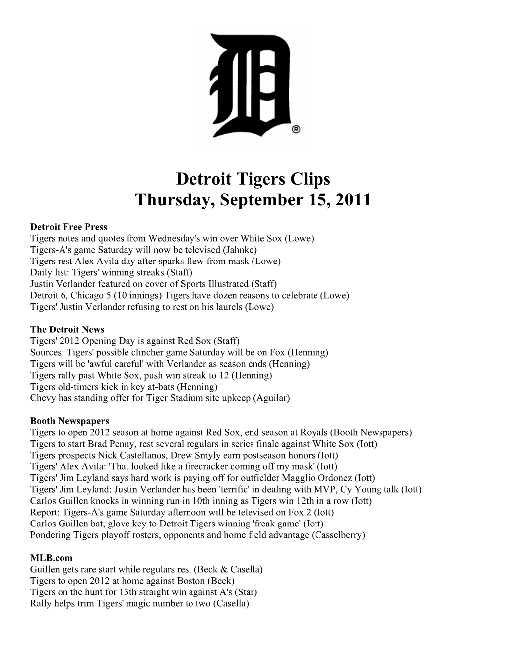 Detroit Tigers Clips Thursday, September 15, 2011