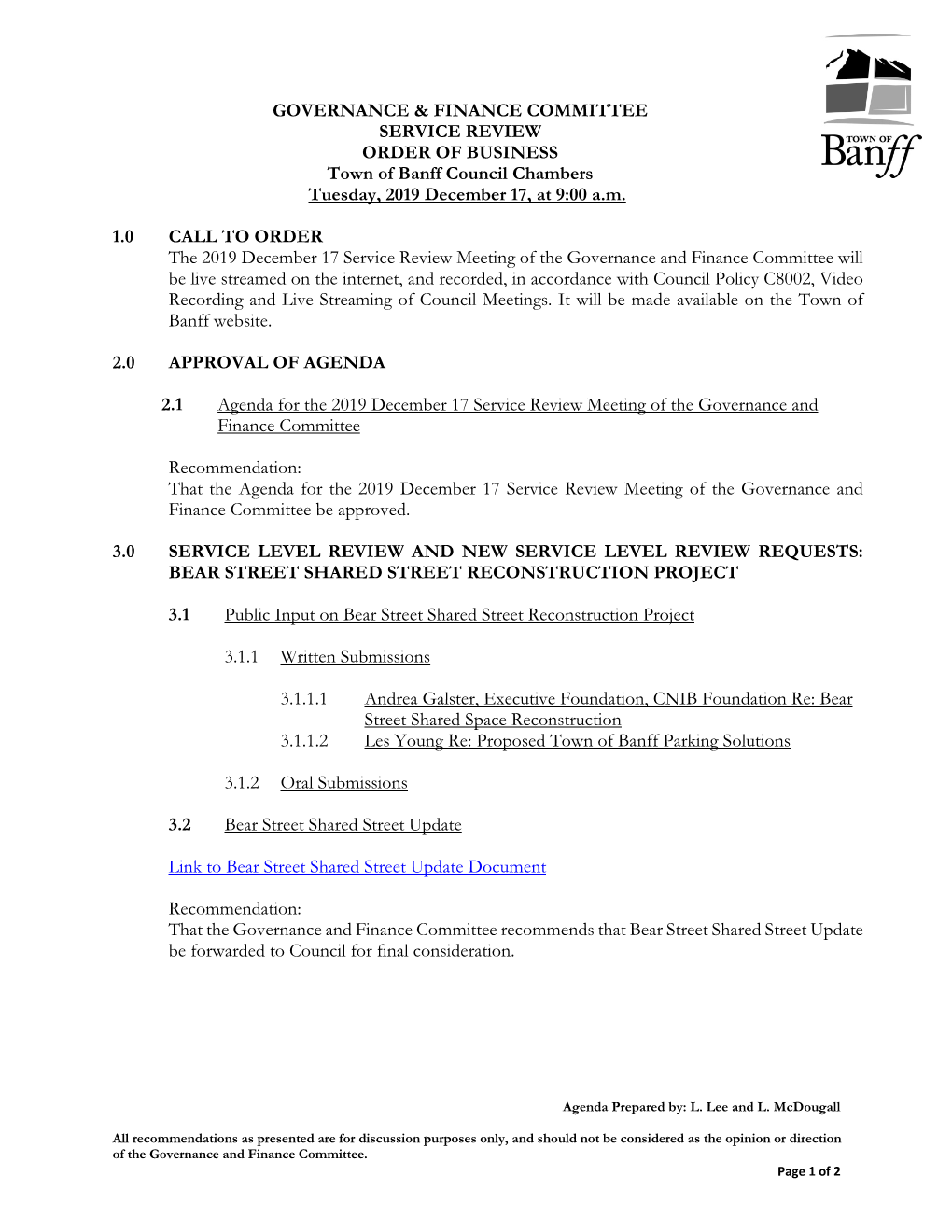 Governance and Finance Committee Service Review Agenda 2019 December 17 Item #: 3.1.1.1