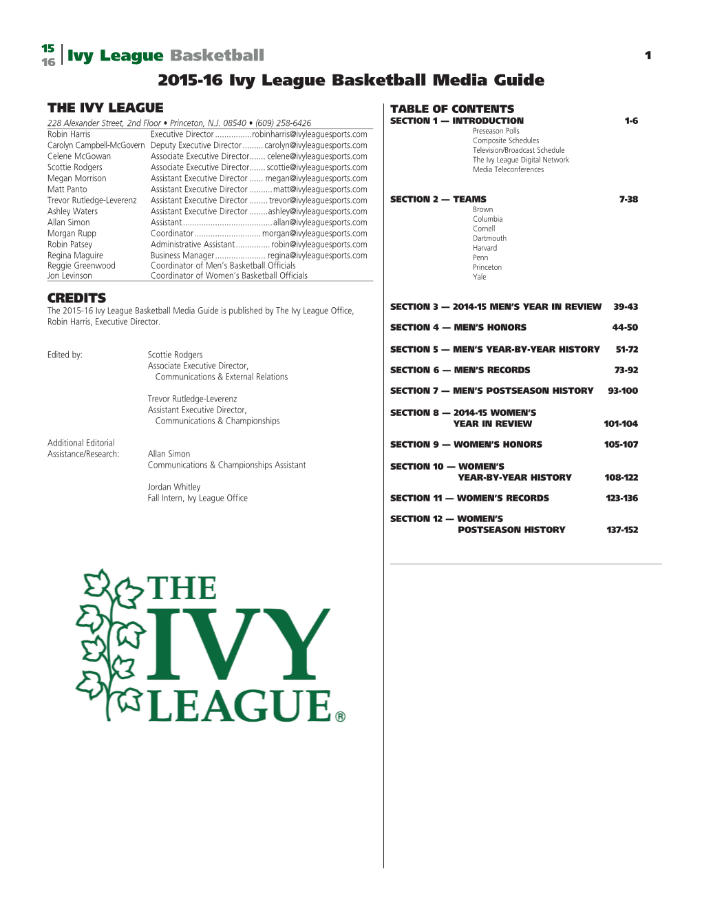 Ivy League Basketball 2015-16 Ivy League Basketball Media Guide