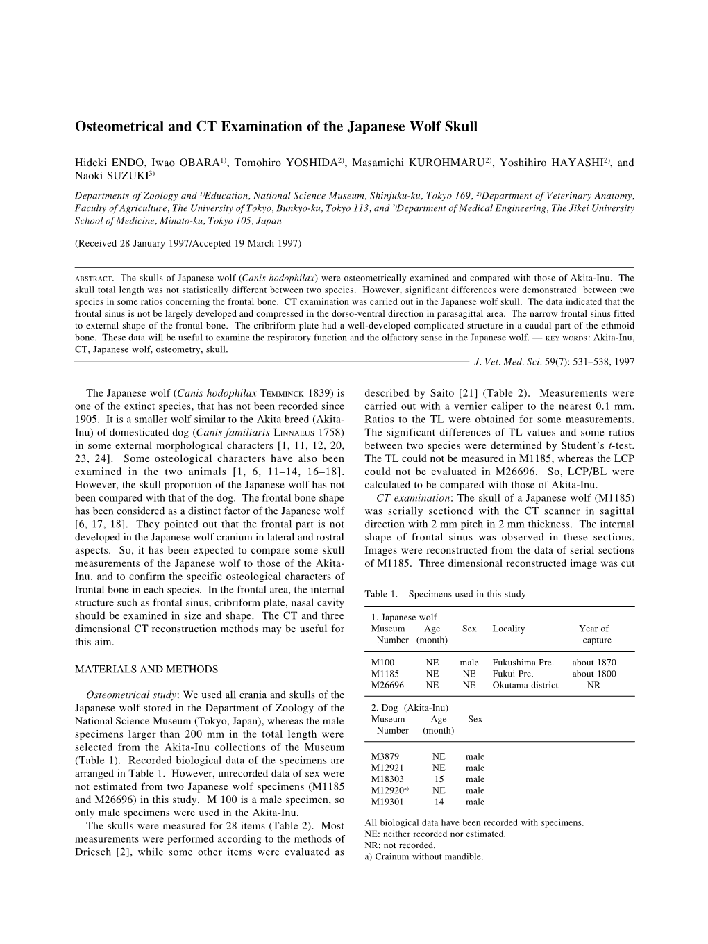 Osteometrical and CT Examination of the Japanese Wolf Skull