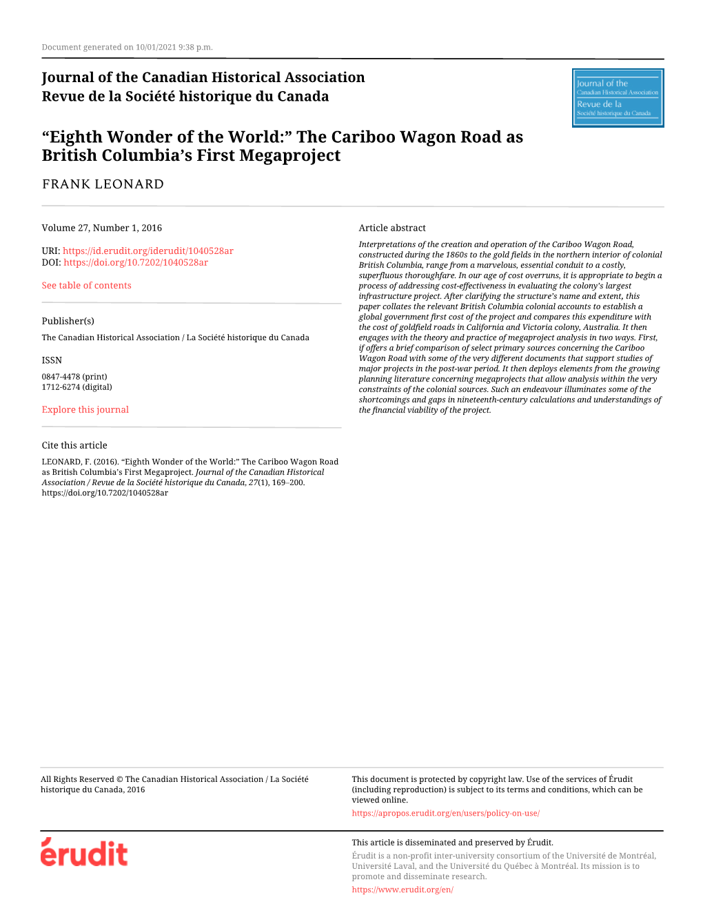 The Cariboo Wagon Road As British Columbia's First Megaproject