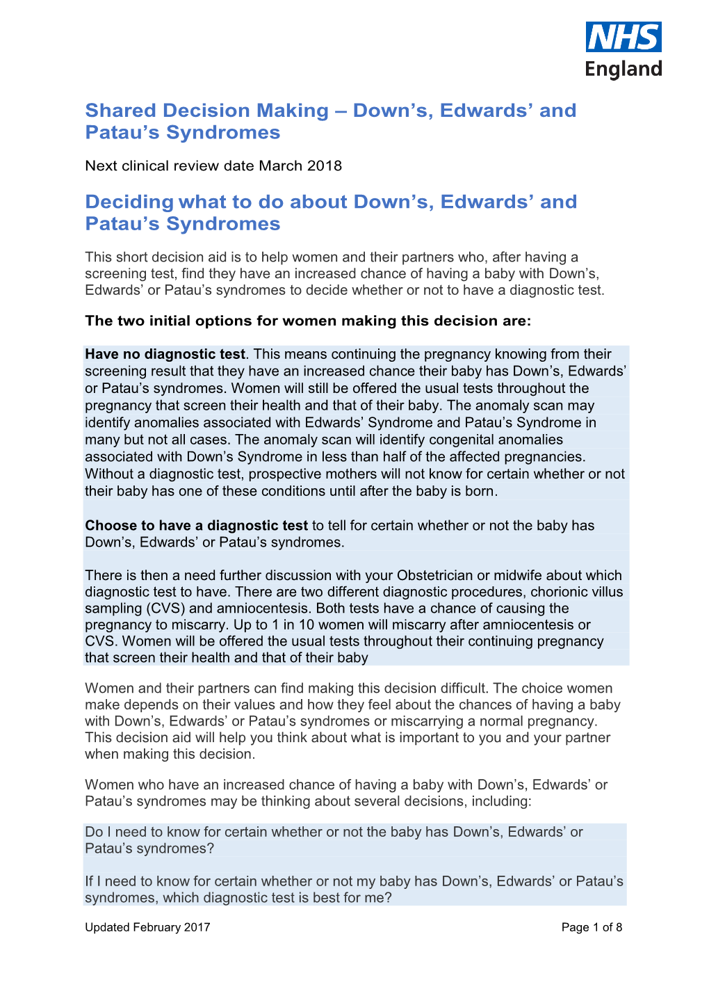 Shared Decision Making – Down's, Edwards' and Patau's Syndromes