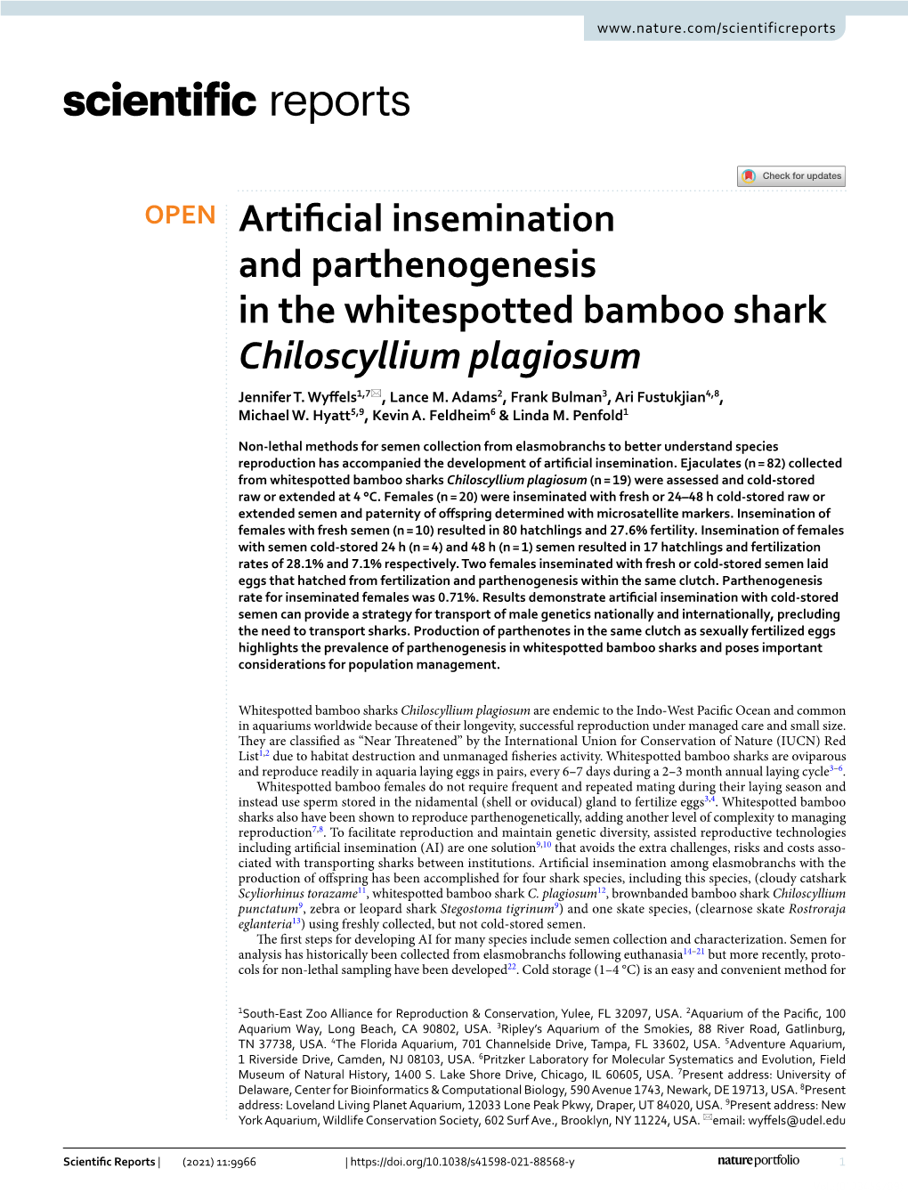 Artificial Insemination and Parthenogenesis in the Whitespotted Bamboo Shark Chiloscyllium Plagiosum