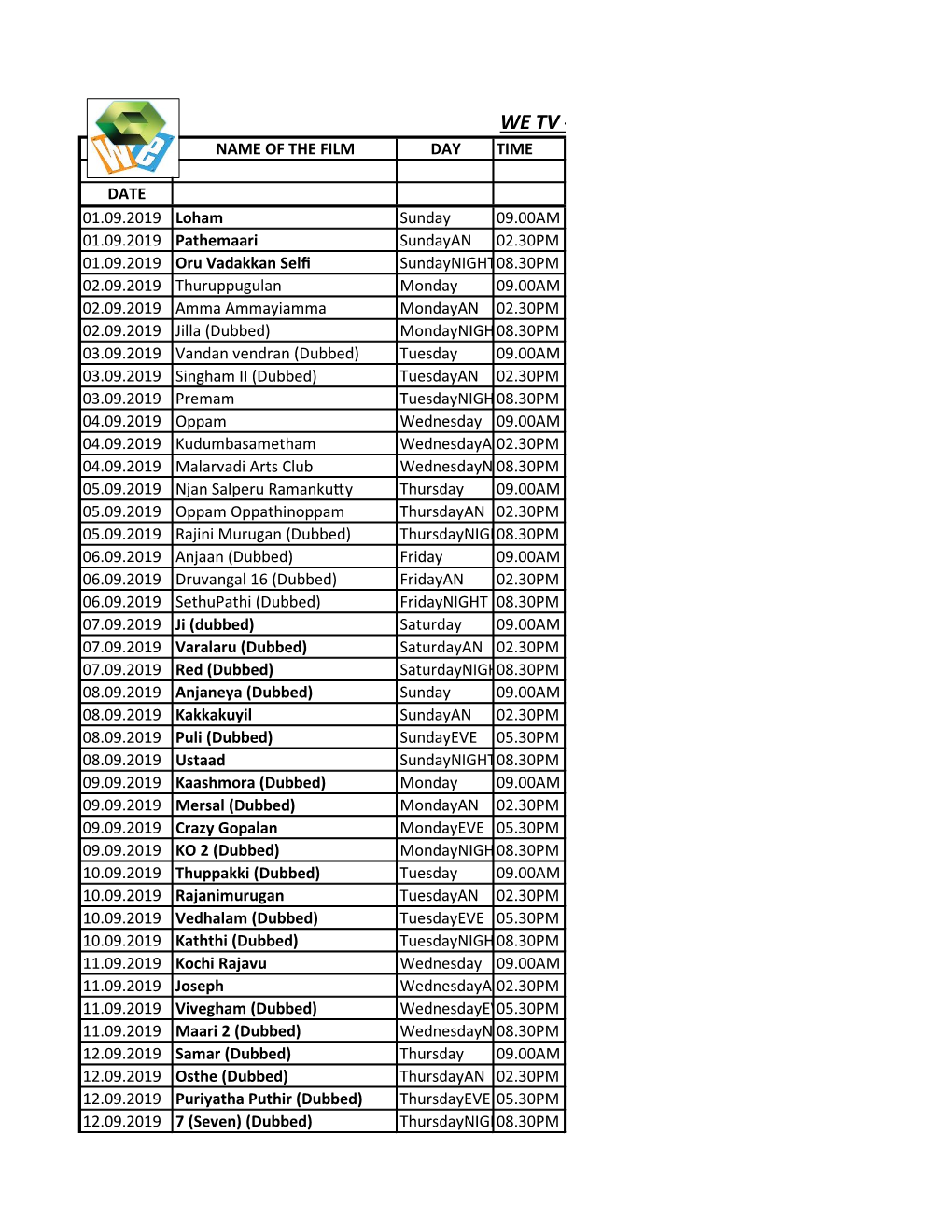 We Tv - Feature Film Schedule for September 2019 Name of the Film Day Time