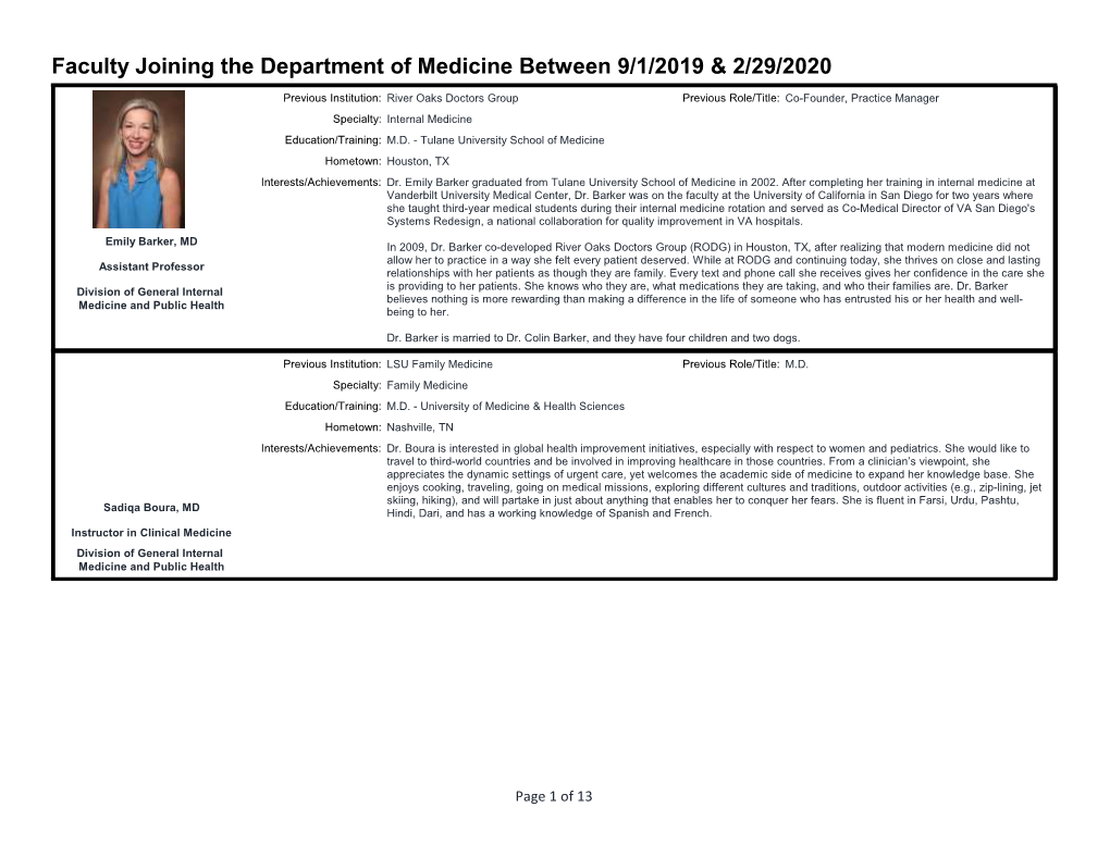 Faculty Joining the Department of Medicine Between 9/1/2019 & 2/29