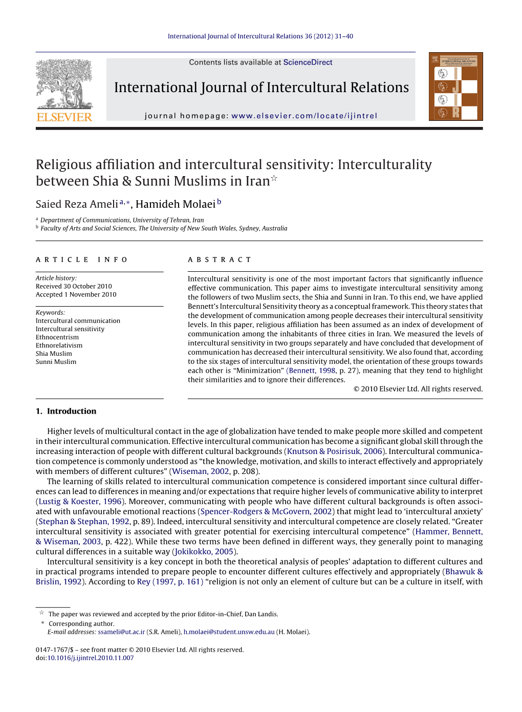 Interculturality Between Shia & Sunni Muslims in Iran