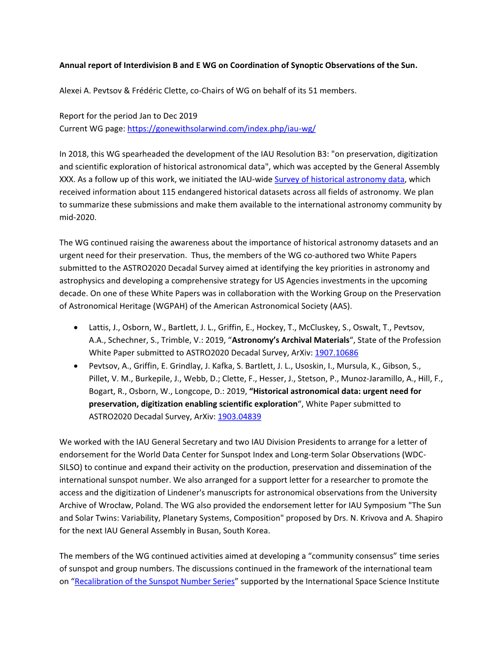 Annual Report of Interdivision B and E WG on Coordination of Synoptic Observations of the Sun