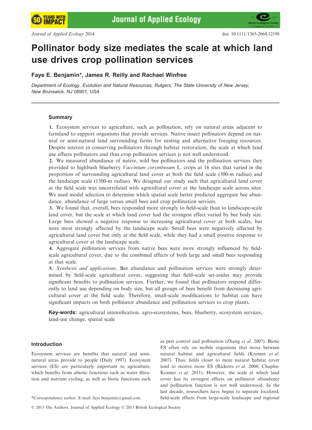 Pollinator Body Size Mediates the Scale at Which Land Use Drives Crop Pollination Services