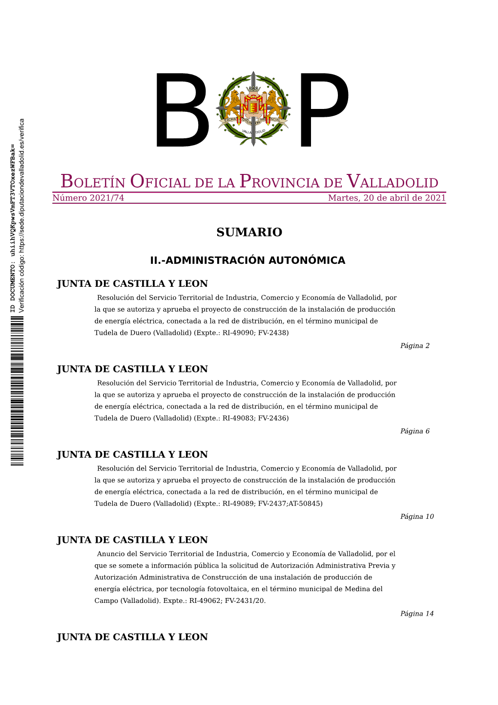 BOLETÍN OFICIAL DE LA PROVINCIA DE VALLADOLID Número 2021/74 Martes, 20 De Abril De 2021