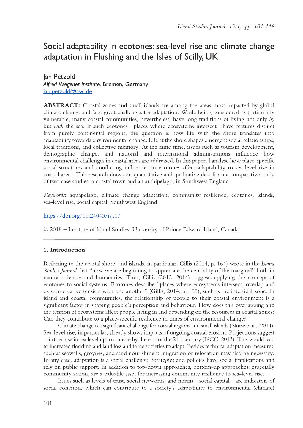 Social Adaptability in Ecotones: Sea-Level Rise and Climate Change Adaptation in Flushing and the Isles of Scilly, UK