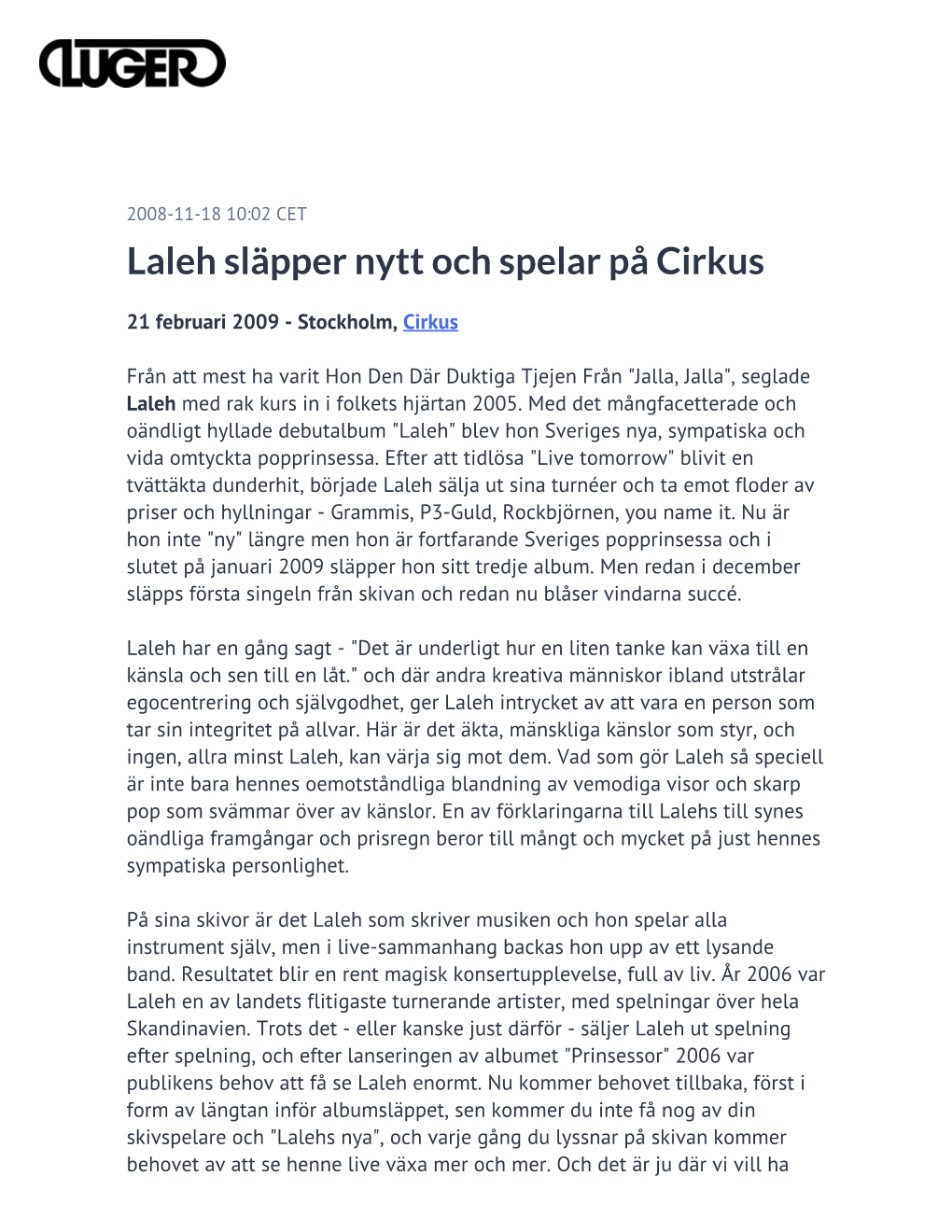 Laleh Släpper Nytt Och Spelar På Cirkus