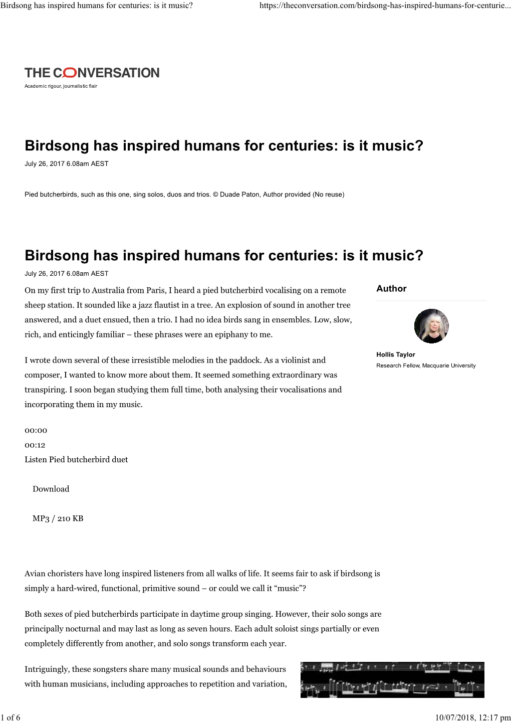 Birdsong Has Inspired Humans for Centuries: Is It Music?