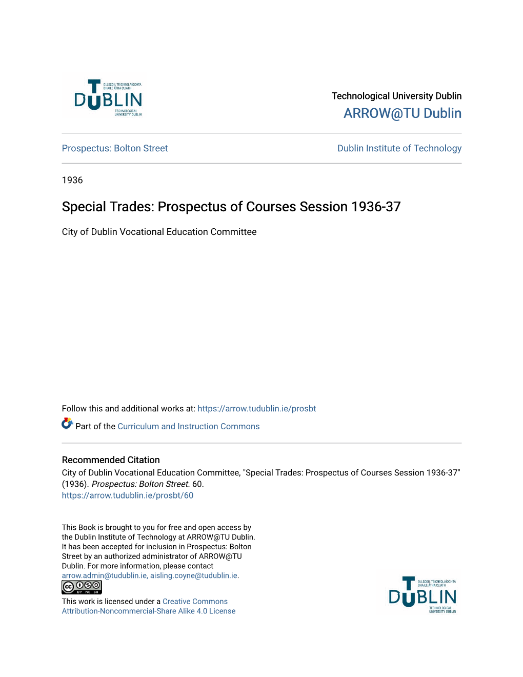 Special Trades: Prospectus of Courses Session 1936-37