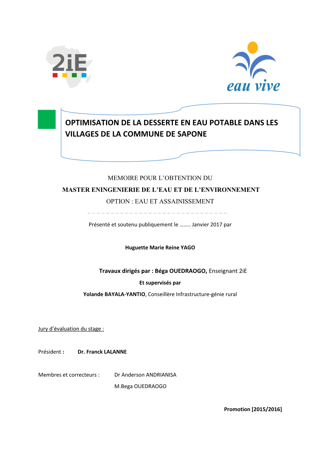 Optimisation De La Desserte En Eau Potable Dans Les Villages De La Commune De Sapone