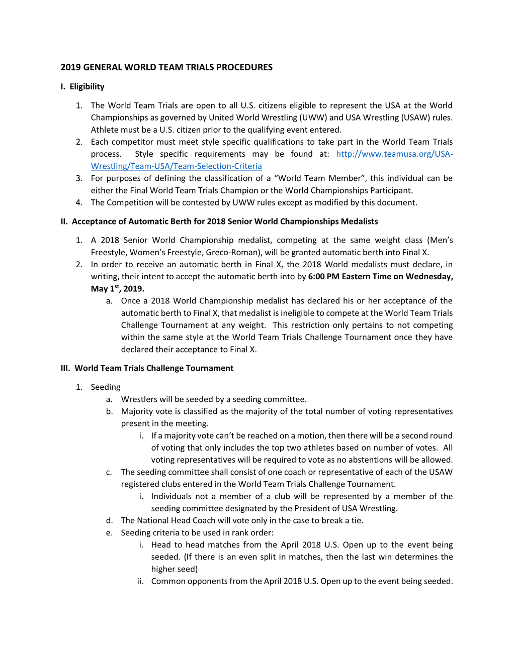 2019 General World Team Trials Procedures