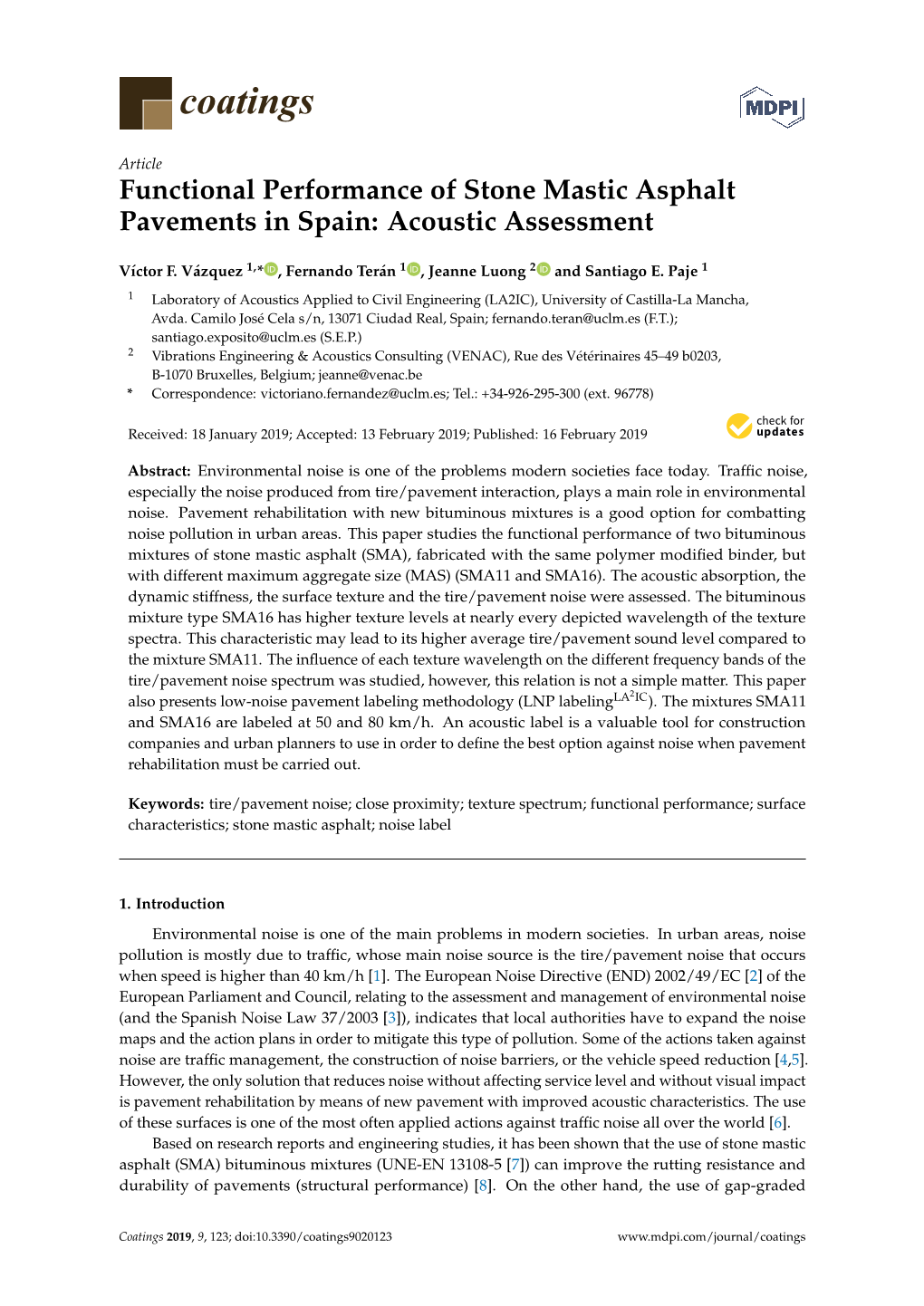Functional Performance of Stone Mastic Asphalt Pavements in Spain: Acoustic Assessment