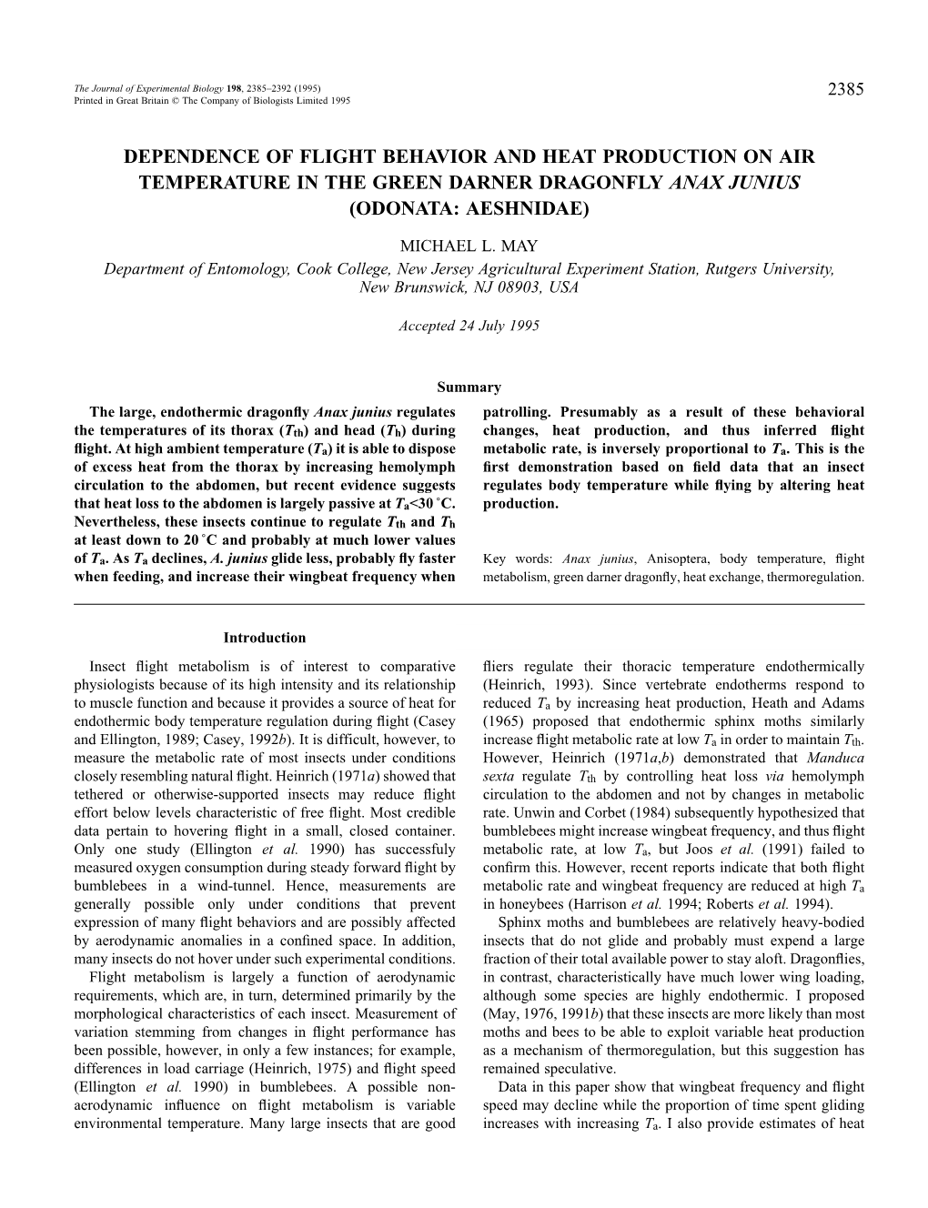 Dependence of Flight Behavior and Heat Production on Air Temperature in the Green Darner Dragonfly Anax Junius (Odonata: Aeshnidae)