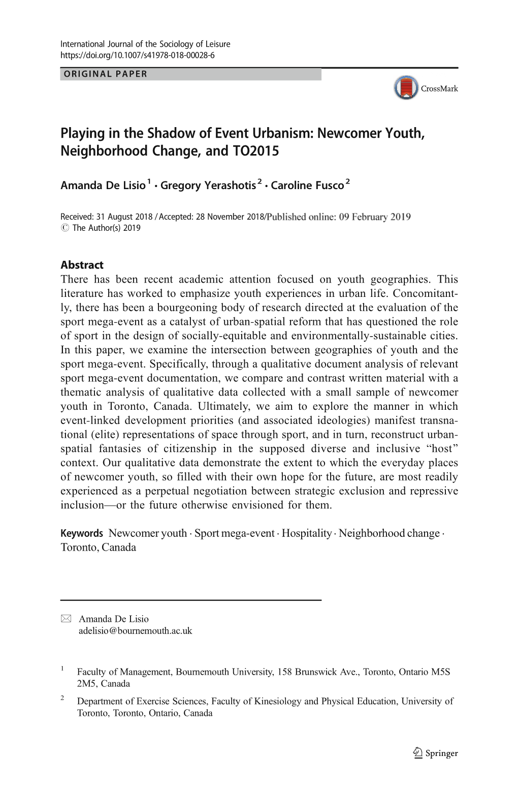 Playing in the Shadow of Event Urbanism: Newcomer Youth, Neighborhood Change, and TO2015