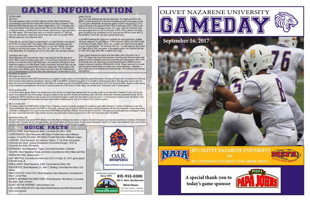 GAME INFORMATION OLIVET NAZARENE UNIVERSITY STORYLINES GAME FOCUS Not Since